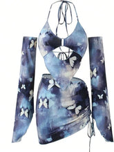2pcs Women's Fashion Tie-Dye Butterfly Print Halter Tank Top And Mini Skirt Set With Sleeve Cuffs, 2024 New Style
